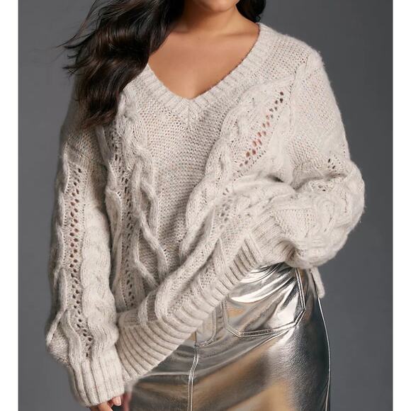 Anthropologie V-Neck Drama Cable Knit Tunic Sweater Womens XL Oversized Soft NEW - Picture 7 of 7